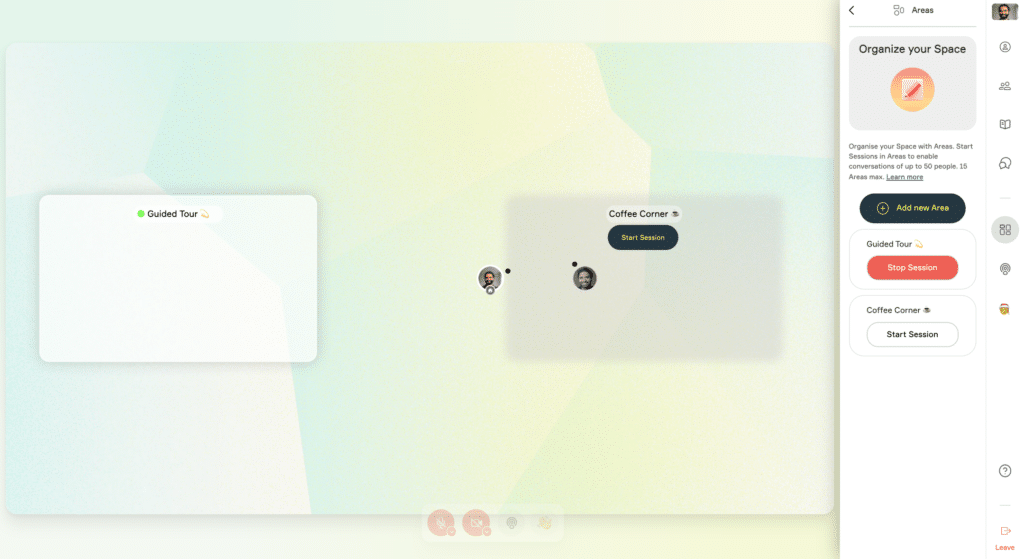 Screenshot eines wonder.me Spaces mit Session-Aktiviertem Bereich - 5.2.2022